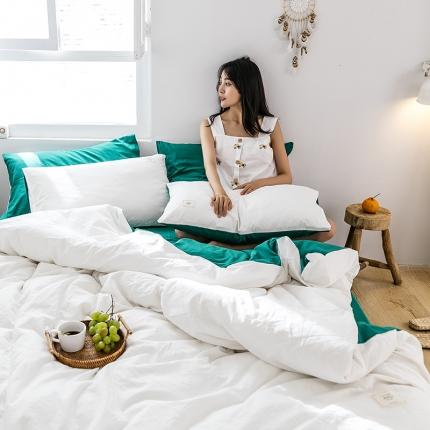 雅居纺 2022新款全棉水洗棉四件套 白+翠绿