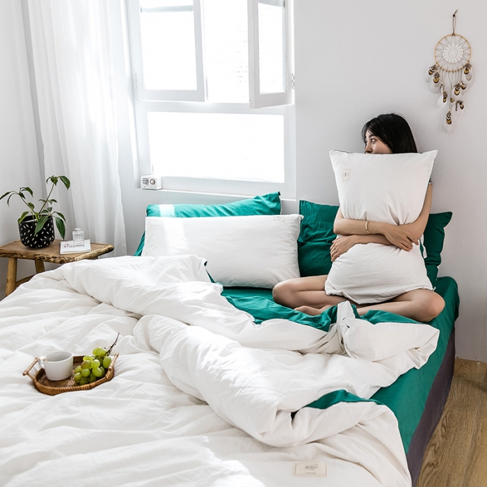 91家纺网 家纺一手货源 找家纺 雅居纺 2022新款全棉水洗棉四件套 白+翠绿