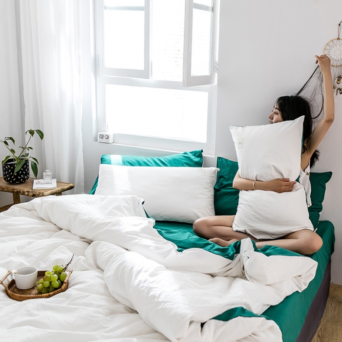 91家纺网 家纺一手货源 找家纺 雅居纺 2022新款全棉水洗棉四件套 白+翠绿