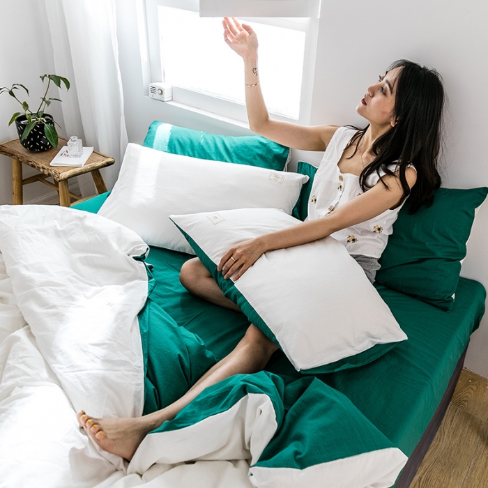 91家纺网 家纺一手货源 找家纺 雅居纺 2022新款全棉水洗棉四件套 白+翠绿