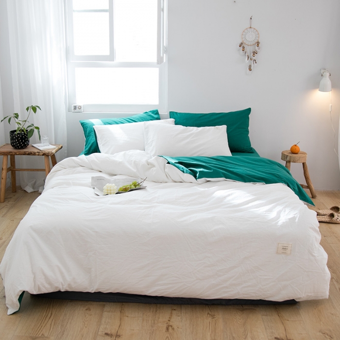 91家纺网 家纺一手货源 找家纺 雅居纺 2022新款全棉水洗棉四件套 白+翠绿