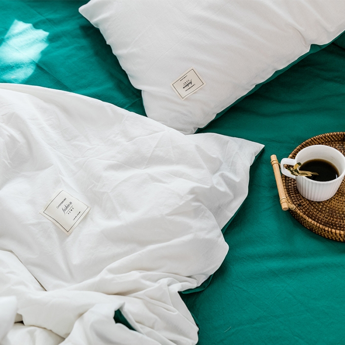 91家纺网 家纺一手货源 找家纺 雅居纺 2022新款全棉水洗棉四件套 白+翠绿