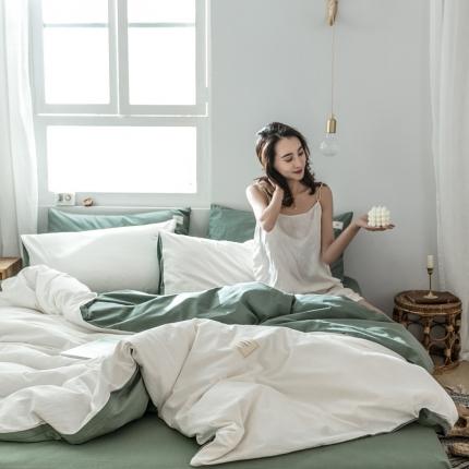 雅居纺 2022新款全棉水洗棉四件套 白+墨子绿