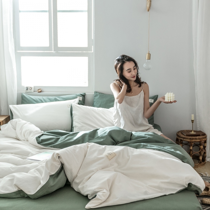 91家纺网 家纺一手货源 找家纺 雅居纺 2022新款全棉水洗棉四件套 白+墨子绿