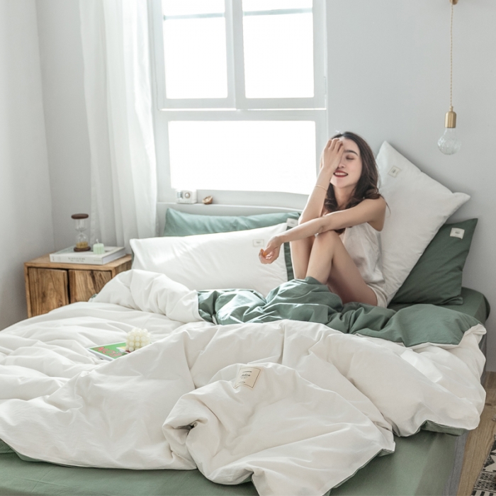 91家纺网 家纺一手货源 找家纺 雅居纺 2022新款全棉水洗棉四件套 白+墨子绿