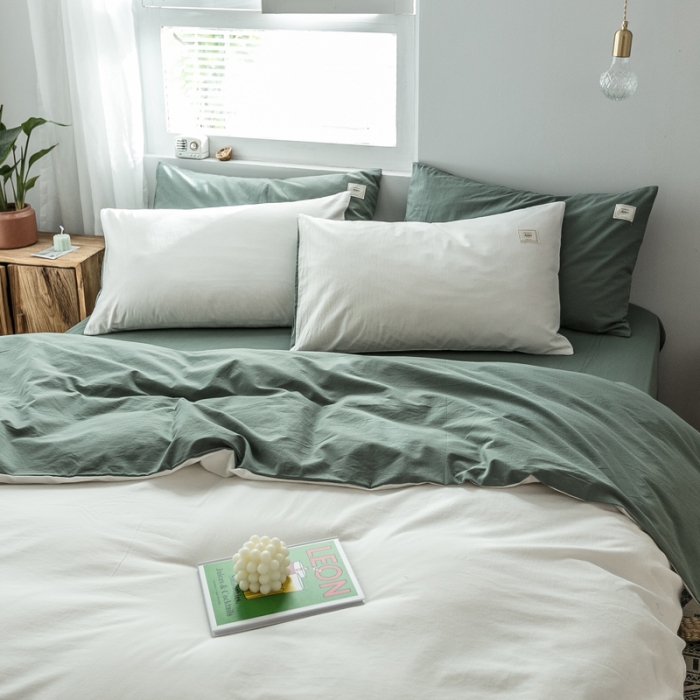 91家纺网 家纺一手货源 找家纺 雅居纺 2022新款全棉水洗棉四件套 白+墨子绿