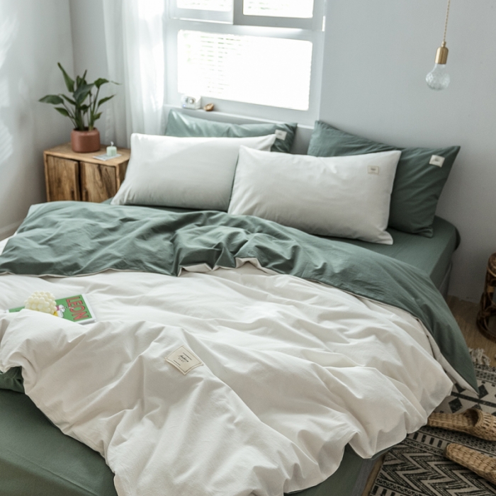 91家纺网 家纺一手货源 找家纺 雅居纺 2022新款全棉水洗棉四件套 白+墨子绿