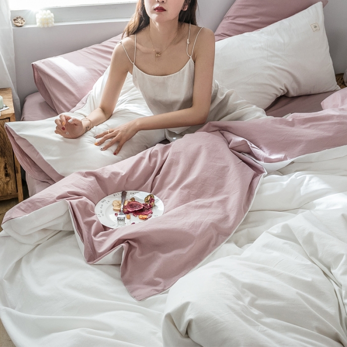 91家纺网 家纺一手货源 找家纺 雅居纺 2022新款全棉水洗棉四件套 白+绅士红