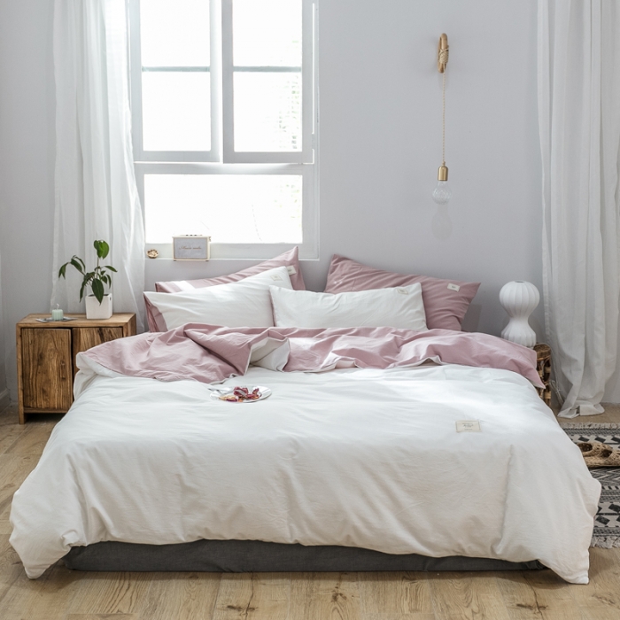 91家纺网 家纺一手货源 找家纺 雅居纺 2022新款全棉水洗棉四件套 白+绅士红