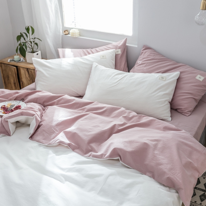 91家纺网 家纺一手货源 找家纺 雅居纺 2022新款全棉水洗棉四件套 白+绅士红