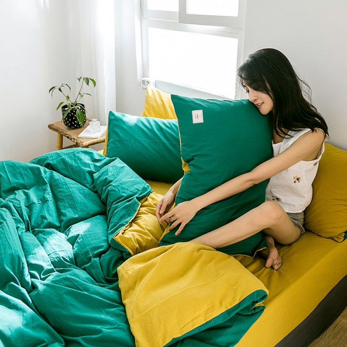 91家纺网 家纺一手货源 找家纺 雅居纺 2022新款全棉水洗棉四件套 翠绿+绅士黄