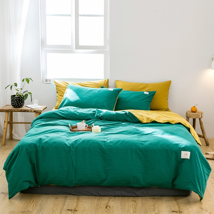 91家纺网 家纺一手货源 找家纺 雅居纺 2022新款全棉水洗棉四件套 翠绿+绅士黄