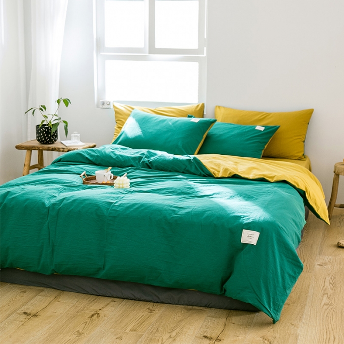 91家纺网 家纺一手货源 找家纺 雅居纺 2022新款全棉水洗棉四件套 翠绿+绅士黄