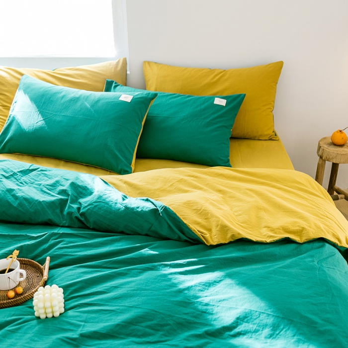 91家纺网 家纺一手货源 找家纺 雅居纺 2022新款全棉水洗棉四件套 翠绿+绅士黄