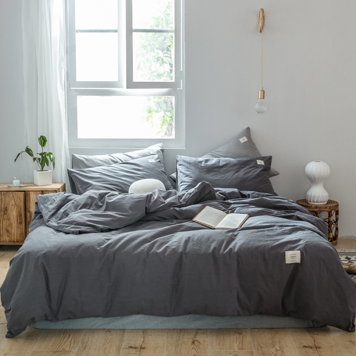 91家纺网 家纺一手货源 找家纺 雅居纺 2022新款全棉水洗棉四件套 低调灰