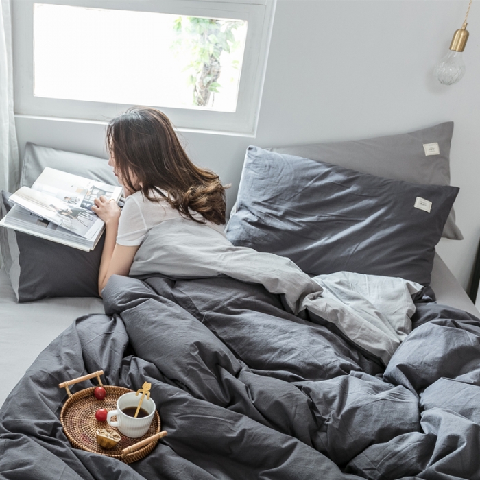 91家纺网 家纺一手货源 找家纺 雅居纺 2022新款全棉水洗棉四件套 低调灰+绅士灰