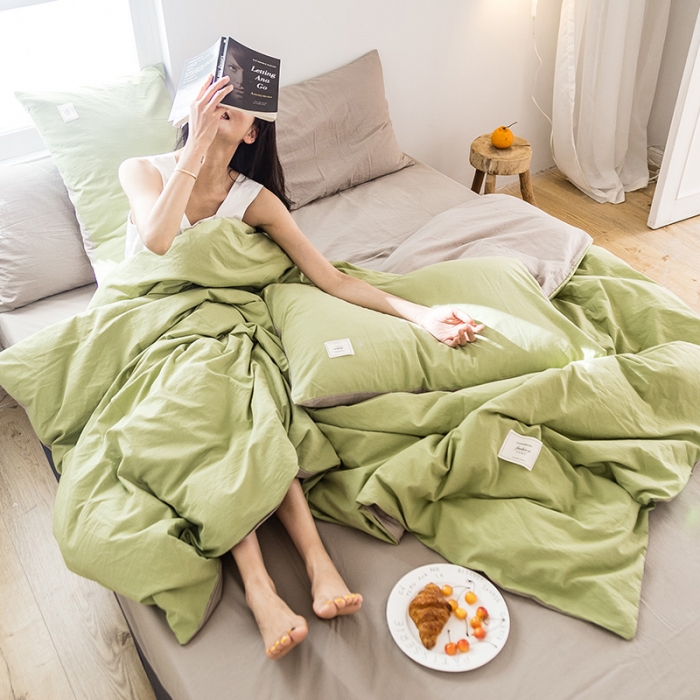 91家纺网 家纺一手货源 找家纺 雅居纺 2022新款全棉水洗棉四件套 果绿+卡其