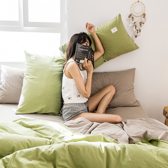 91家纺网 家纺一手货源 找家纺 雅居纺 2022新款全棉水洗棉四件套 果绿+卡其