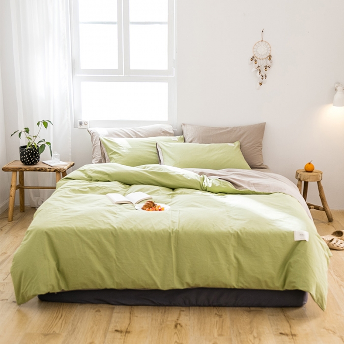 91家纺网 家纺一手货源 找家纺 雅居纺 2022新款全棉水洗棉四件套 果绿+卡其