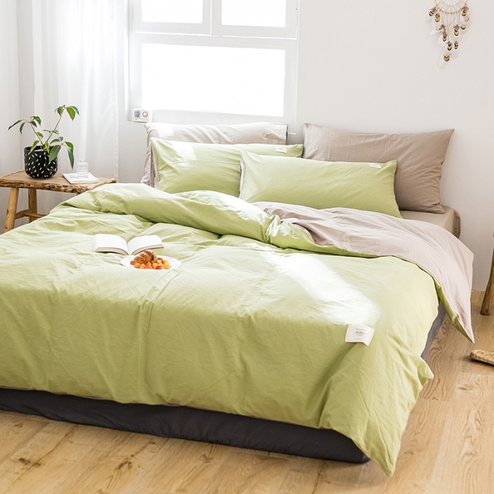 91家纺网 家纺一手货源 找家纺 雅居纺 2022新款全棉水洗棉四件套 果绿+卡其