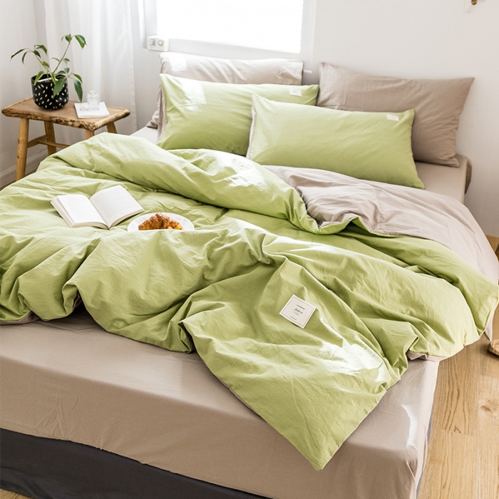 91家纺网 家纺一手货源 找家纺 雅居纺 2022新款全棉水洗棉四件套 果绿+卡其