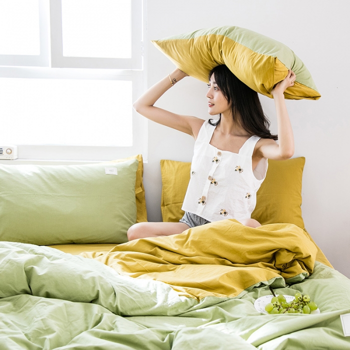 91家纺网 家纺一手货源 找家纺 雅居纺 2022新款全棉水洗棉四件套 果绿+绅士黄