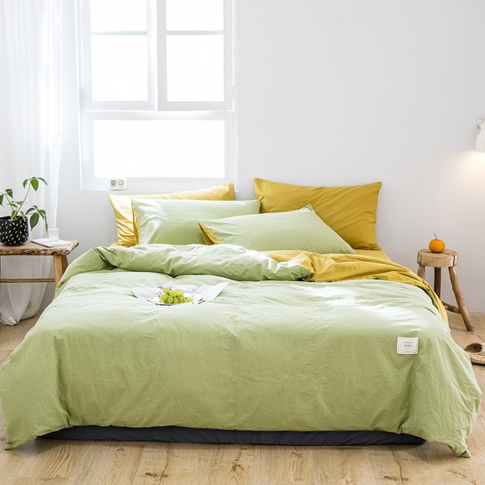 91家纺网 家纺一手货源 找家纺 雅居纺 2022新款全棉水洗棉四件套 果绿+绅士黄