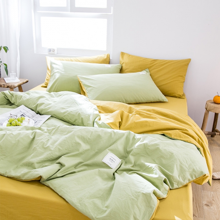 91家纺网 家纺一手货源 找家纺 雅居纺 2022新款全棉水洗棉四件套 果绿+绅士黄