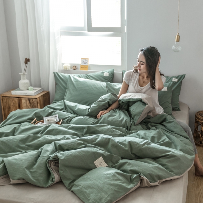 91家纺网 家纺一手货源 找家纺 雅居纺 2022新款全棉水洗棉四件套 墨子绿+卡其