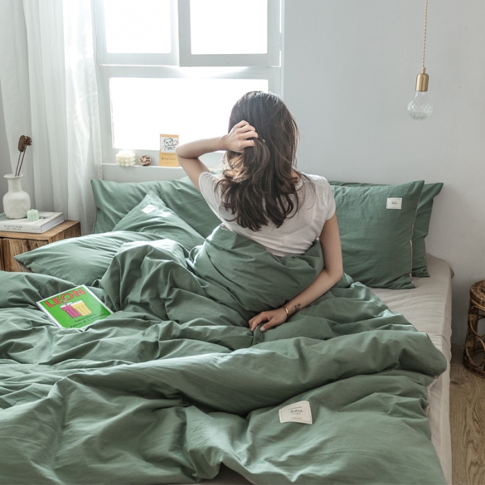 91家纺网 家纺一手货源 找家纺 雅居纺 2022新款全棉水洗棉四件套 墨子绿+卡其