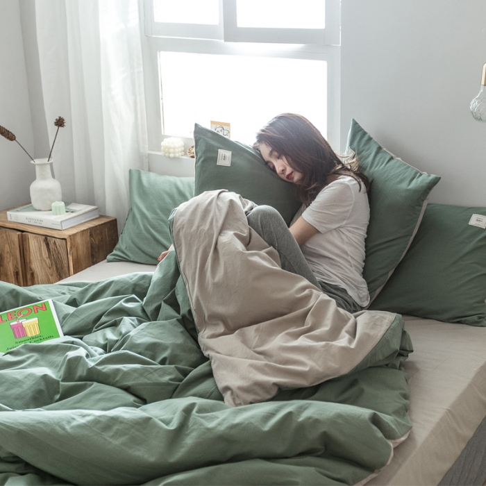 91家纺网 家纺一手货源 找家纺 雅居纺 2022新款全棉水洗棉四件套 墨子绿+卡其