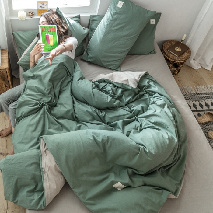 91家纺网 家纺一手货源 找家纺 雅居纺 2022新款全棉水洗棉四件套 墨子绿+卡其