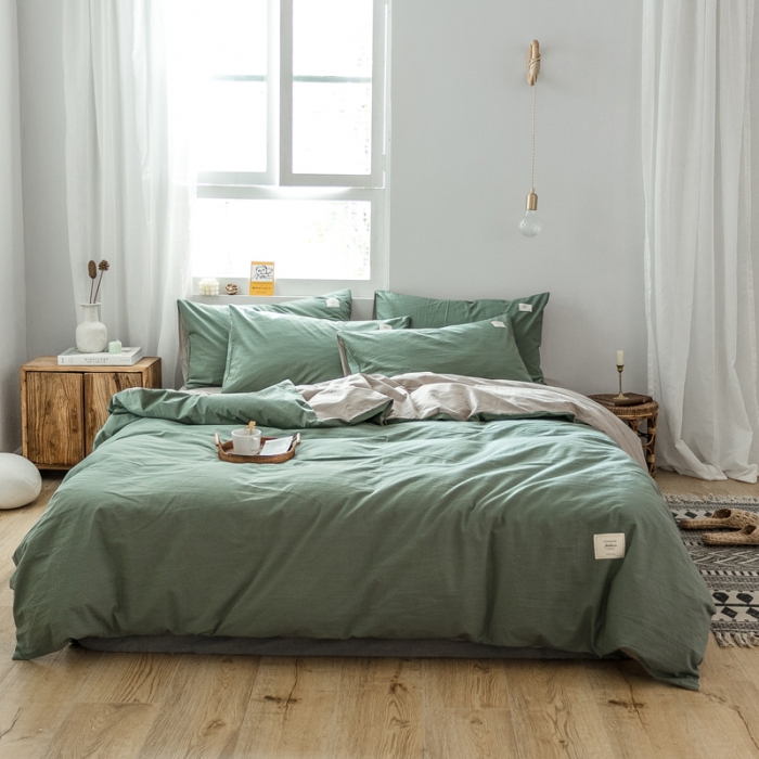 91家纺网 家纺一手货源 找家纺 雅居纺 2022新款全棉水洗棉四件套 墨子绿+卡其