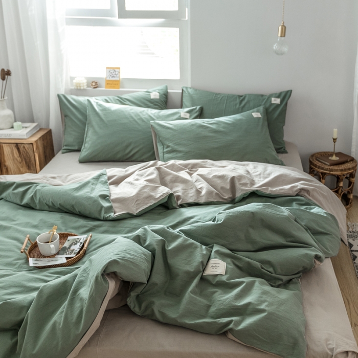 91家纺网 家纺一手货源 找家纺 雅居纺 2022新款全棉水洗棉四件套 墨子绿+卡其