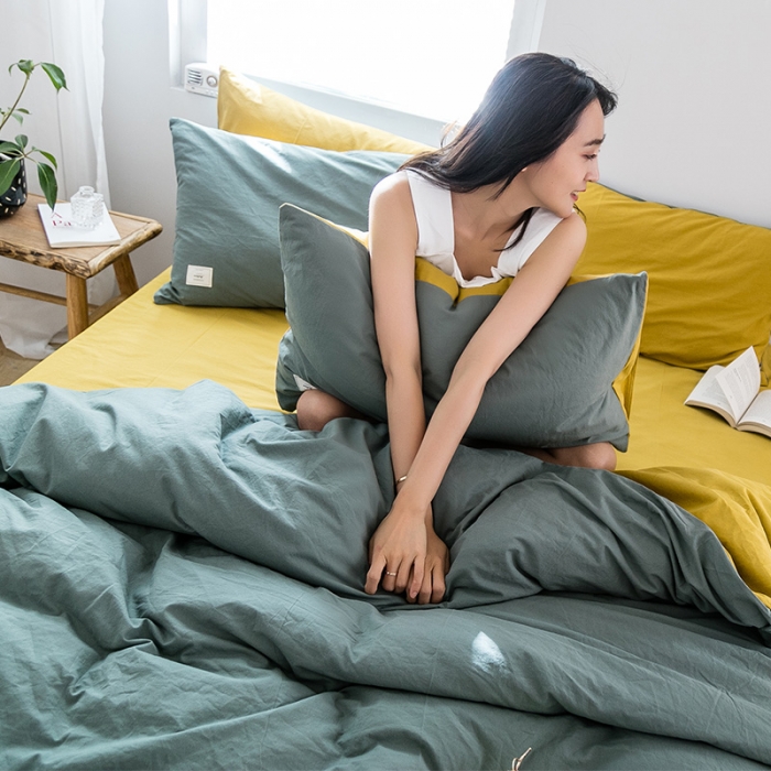 91家纺网 家纺一手货源 找家纺 雅居纺 2022新款全棉水洗棉四件套 墨子绿+绅士黄