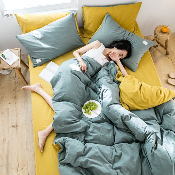 91家纺网 家纺一手货源 找家纺 雅居纺 2022新款全棉水洗棉四件套 墨子绿+绅士黄