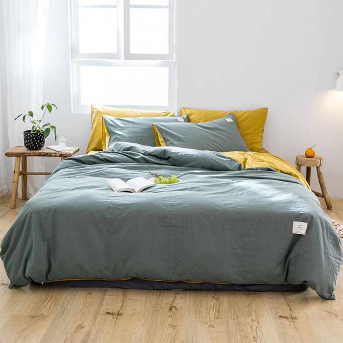 91家纺网 家纺一手货源 找家纺 雅居纺 2022新款全棉水洗棉四件套 墨子绿+绅士黄