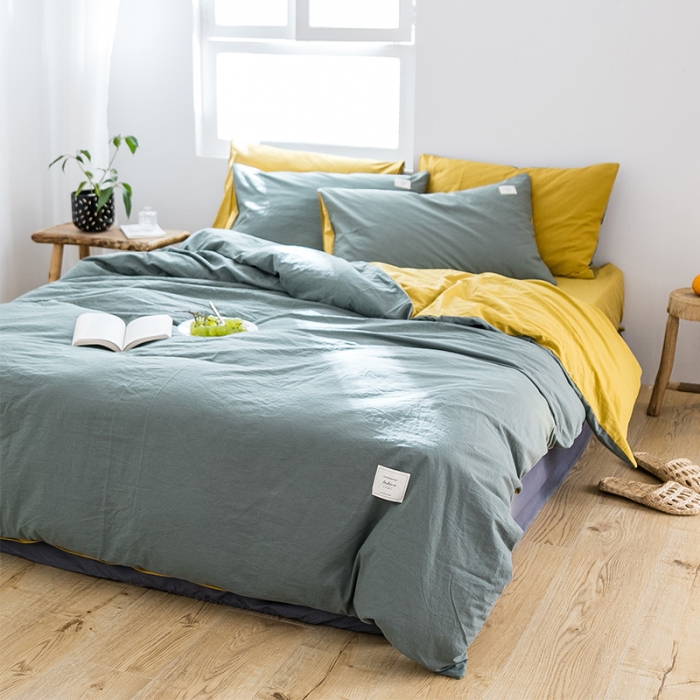 91家纺网 家纺一手货源 找家纺 雅居纺 2022新款全棉水洗棉四件套 墨子绿+绅士黄