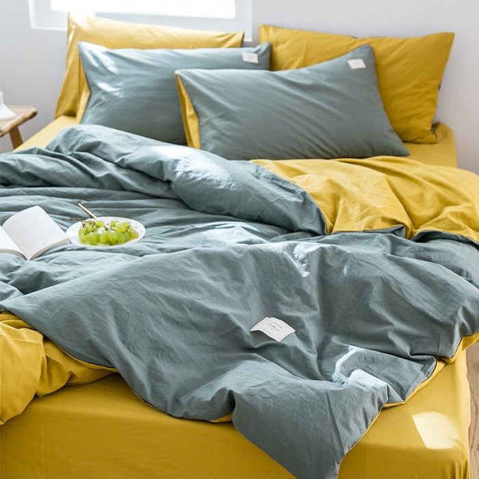 91家纺网 家纺一手货源 找家纺 雅居纺 2022新款全棉水洗棉四件套 墨子绿+绅士黄