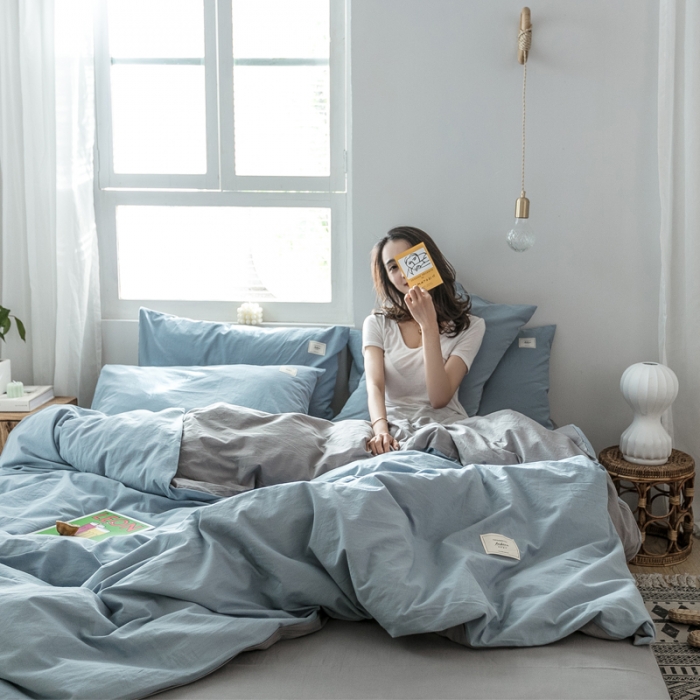 91家纺网 家纺一手货源 找家纺 雅居纺 2022新款全棉水洗棉四件套 清雅蓝+绅士灰