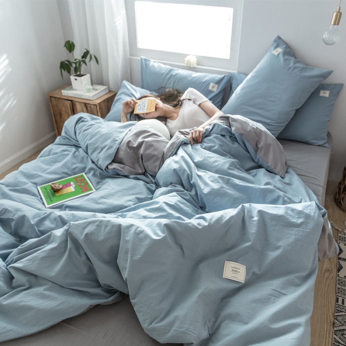 91家纺网 家纺一手货源 找家纺 雅居纺 2022新款全棉水洗棉四件套 清雅蓝+绅士灰