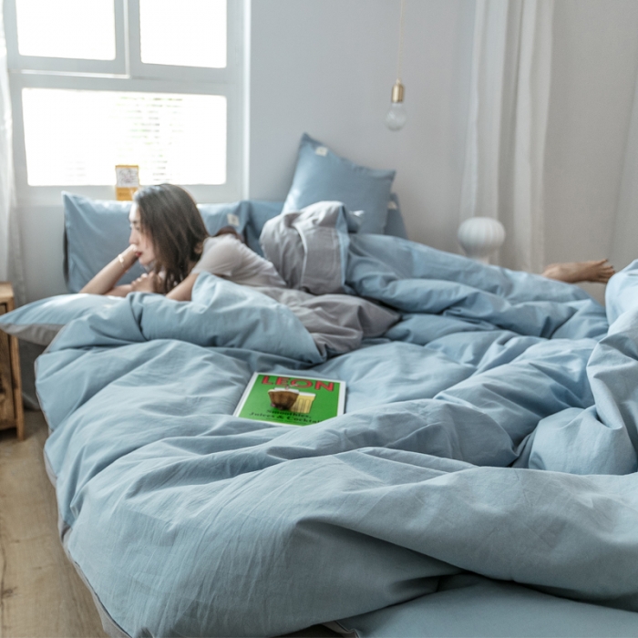 91家纺网 家纺一手货源 找家纺 雅居纺 2022新款全棉水洗棉四件套 清雅蓝+绅士灰