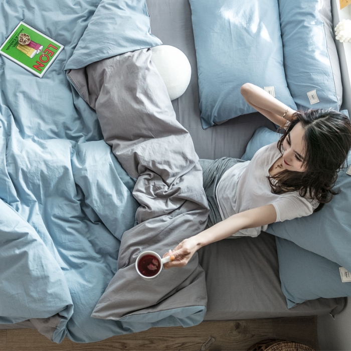 91家纺网 家纺一手货源 找家纺 雅居纺 2022新款全棉水洗棉四件套 清雅蓝+绅士灰