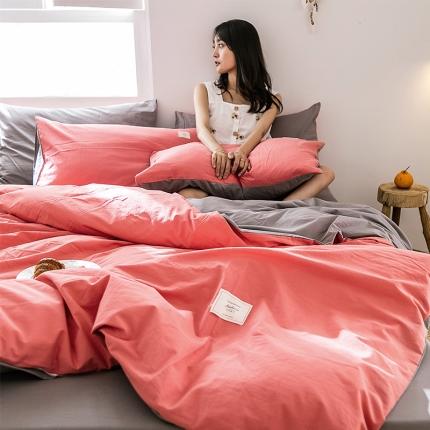 雅居纺 2022新款全棉水洗棉四件套 珊瑚红+绅士灰