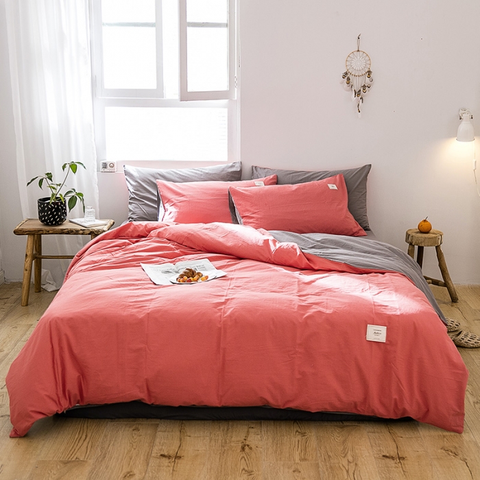91家纺网 家纺一手货源 找家纺 雅居纺 2022新款全棉水洗棉四件套 珊瑚红+绅士灰