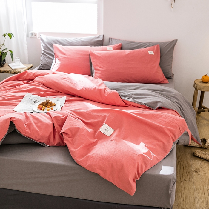 91家纺网 家纺一手货源 找家纺 雅居纺 2022新款全棉水洗棉四件套 珊瑚红+绅士灰