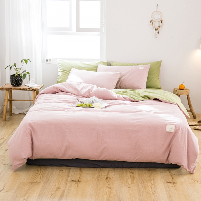 91家纺网 家纺一手货源 找家纺 雅居纺 2022新款全棉水洗棉四件套 绅士红+果绿