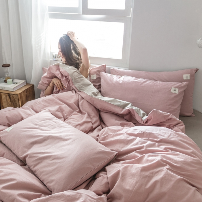 91家纺网 家纺一手货源 找家纺 雅居纺 2022新款全棉水洗棉四件套 绅士红+卡其