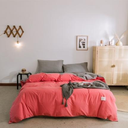 91家纺网 家纺一手货源 找家纺 雅居纺 2022新款全棉水洗棉单被套 珊瑚红+绅士灰