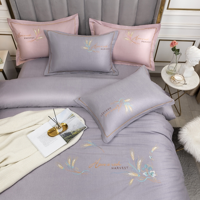 91家纺网 家纺一手货源 找家纺 U品汇 60s贡缎长绒棉刺绣全棉肌理纹绣花四件套麦穗-丁香紫